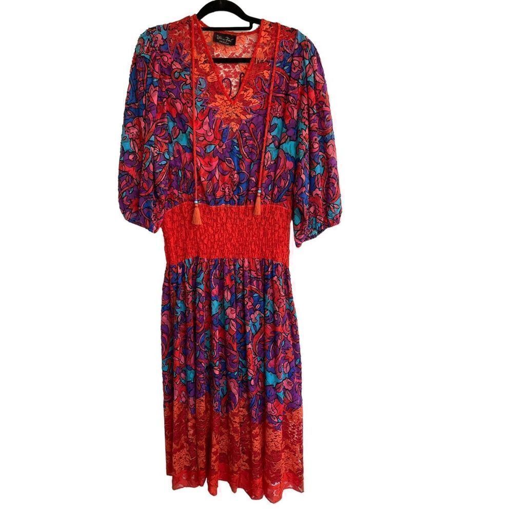 Vtg Diane Fres Dress Red Lace multicolor Boho Floral Pleated Tassel Embroided L?